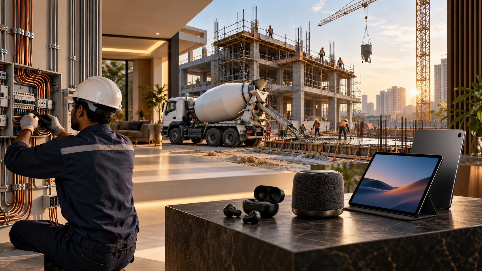 House wiring, ready-mix concrete, construction, Bluetooth earbuds, speaker and tablet products