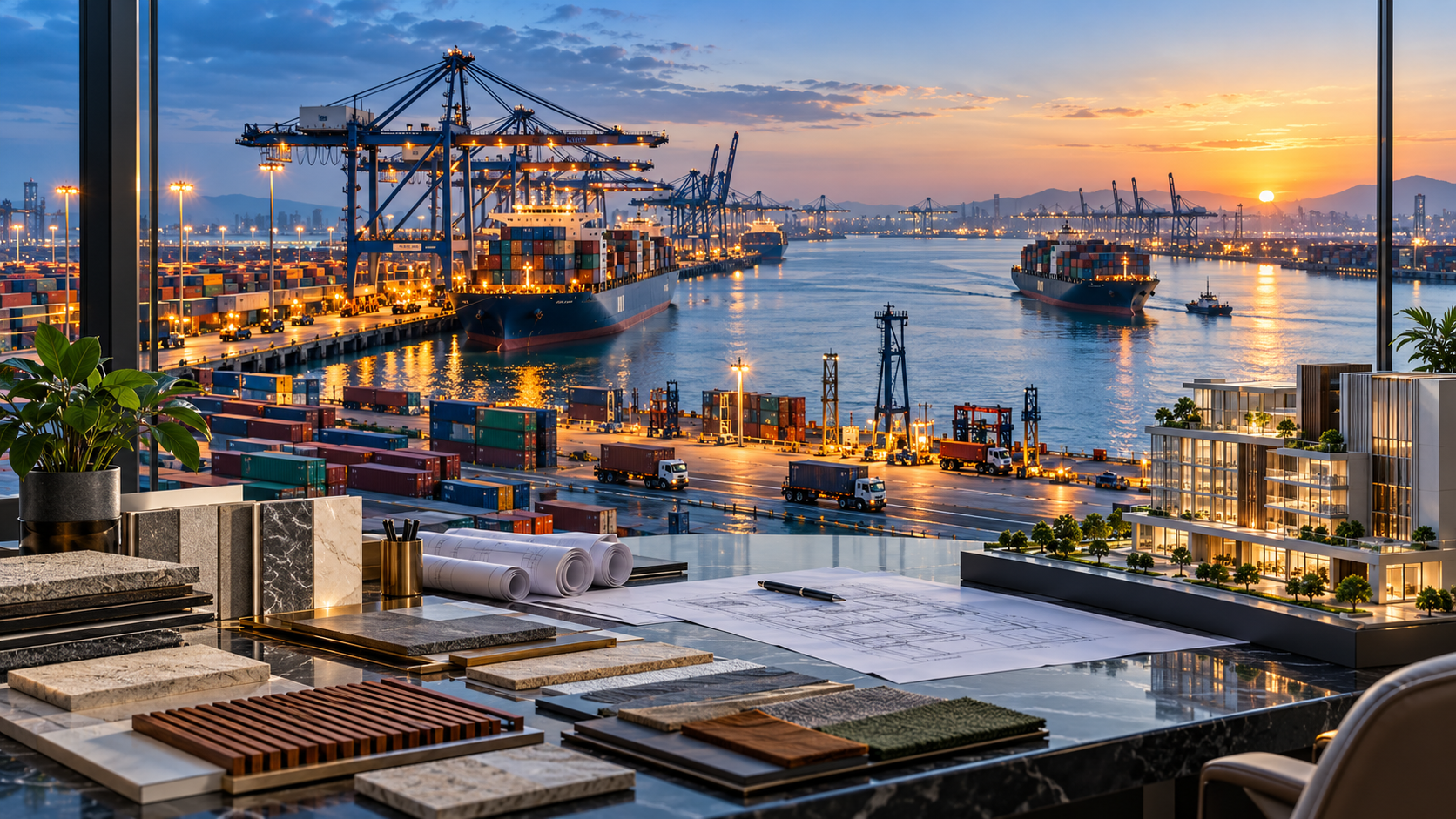 Global shipping port with architectural and construction materials