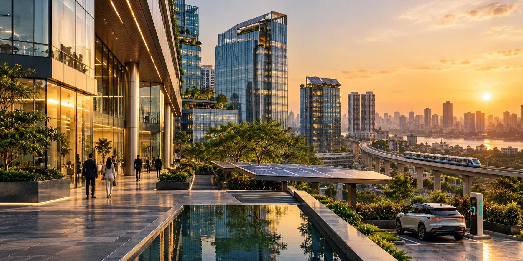 Contemporary technology district with solar infrastructure and electric mobility
