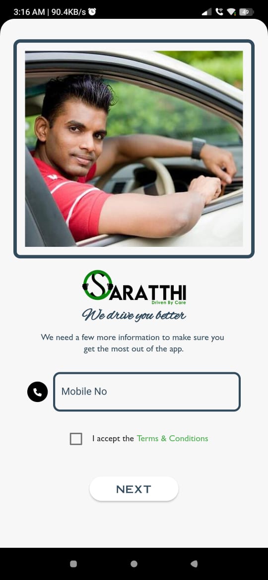 Saratthi mobile software screen